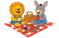 Burro, Leão e Vaca fazendo piquenique